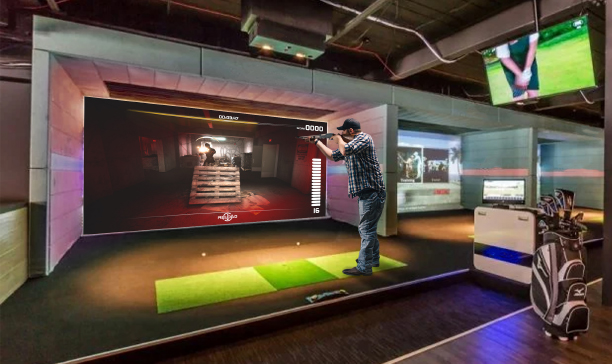 Laser Shot Simulations also allows you to use your own golf simulator for our software, here we have someone using the Warehouse Warfare software on a 14 foot screen while using a sim firearm 870 Shotgun
